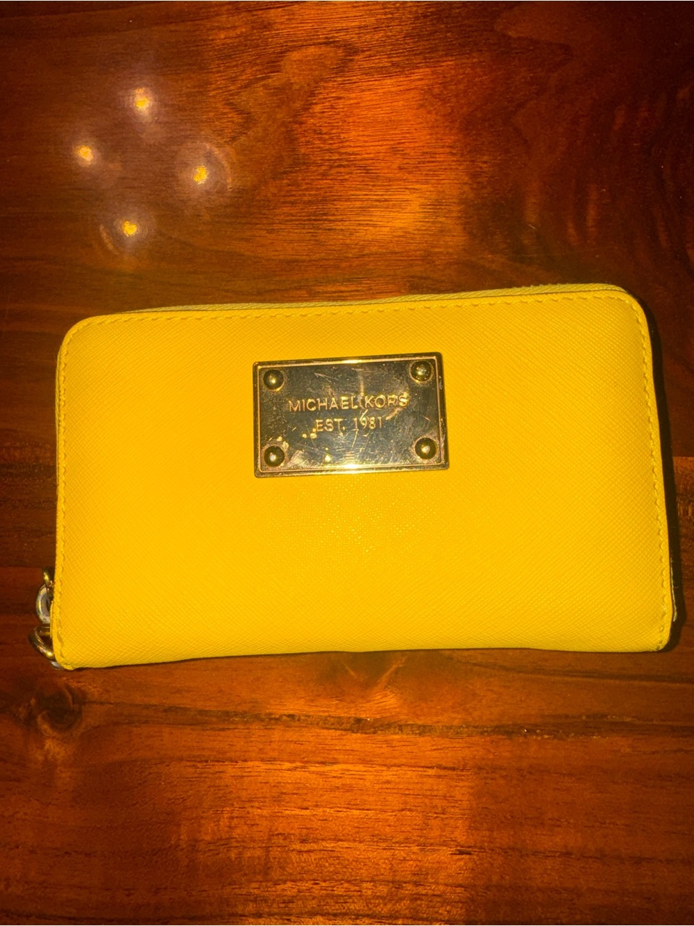 Michael Kors Yellow Saffiano Leather Zip Around Wallet Gold Logo Plaque